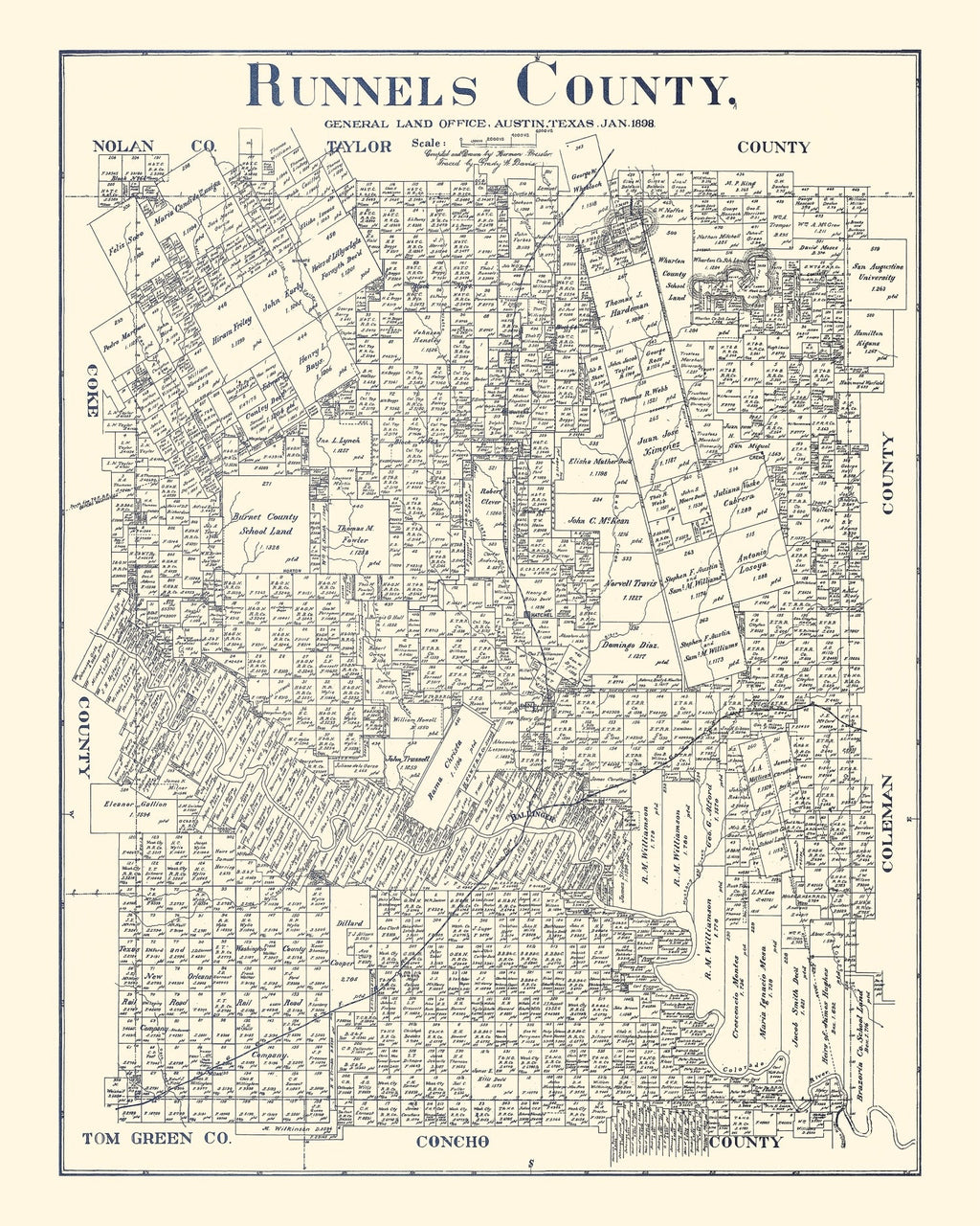 Vintage Map of Runnels County, Texas 1898