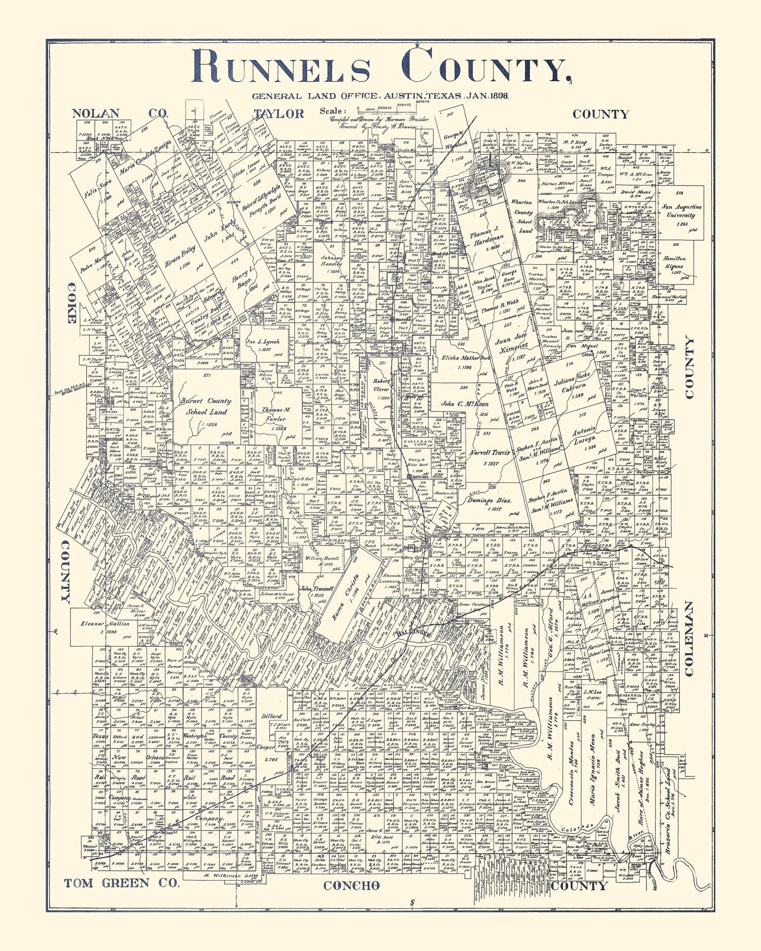 Vintage Map of Runnels County, Texas 1898
