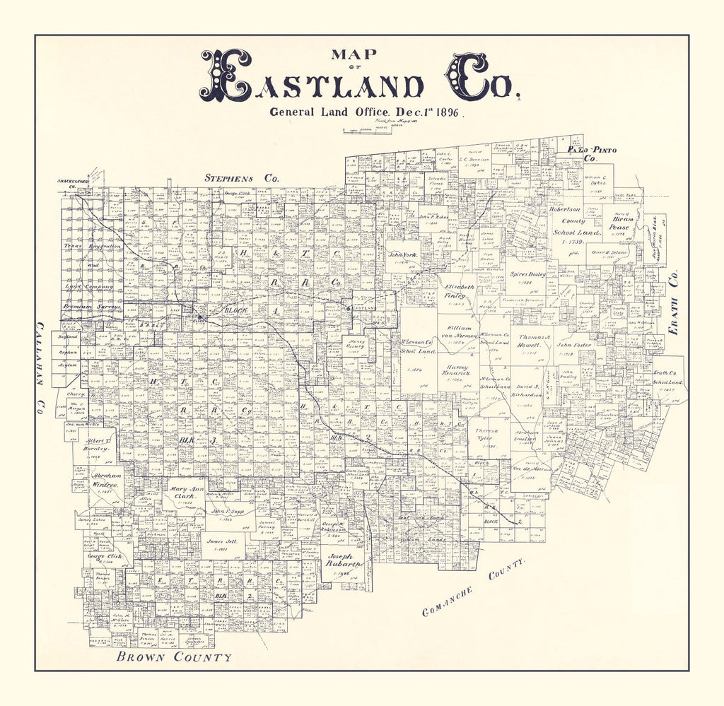 Vintage Map of Eastland County, Texas 1896