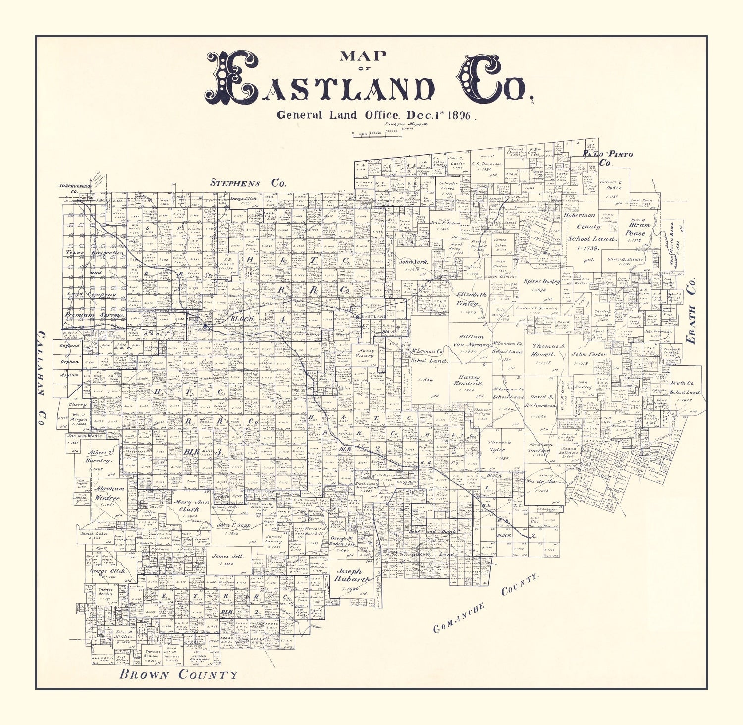 Vintage Map of Eastland County, Texas 1896