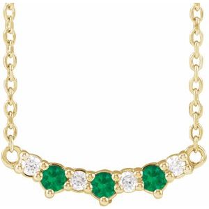 14K Yellow Gold Lab-Grown Emerald & .05 CTW Natural Diamond Three-Stone Bar 18" Necklace