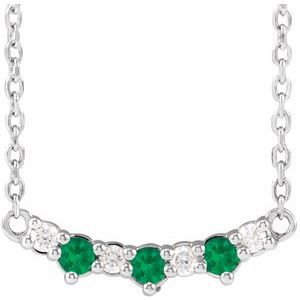 14K White Gold Lab-Grown Emerald & .05 CTW Natural Diamond Three-Stone Bar 18" Necklace