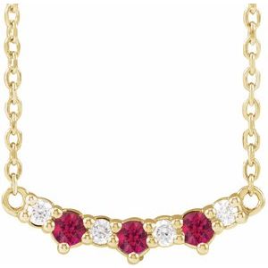 14K Yellow Gold Lab-Grown Ruby & .05 CTW Natural Diamond Three-Stone Bar 18" Necklace