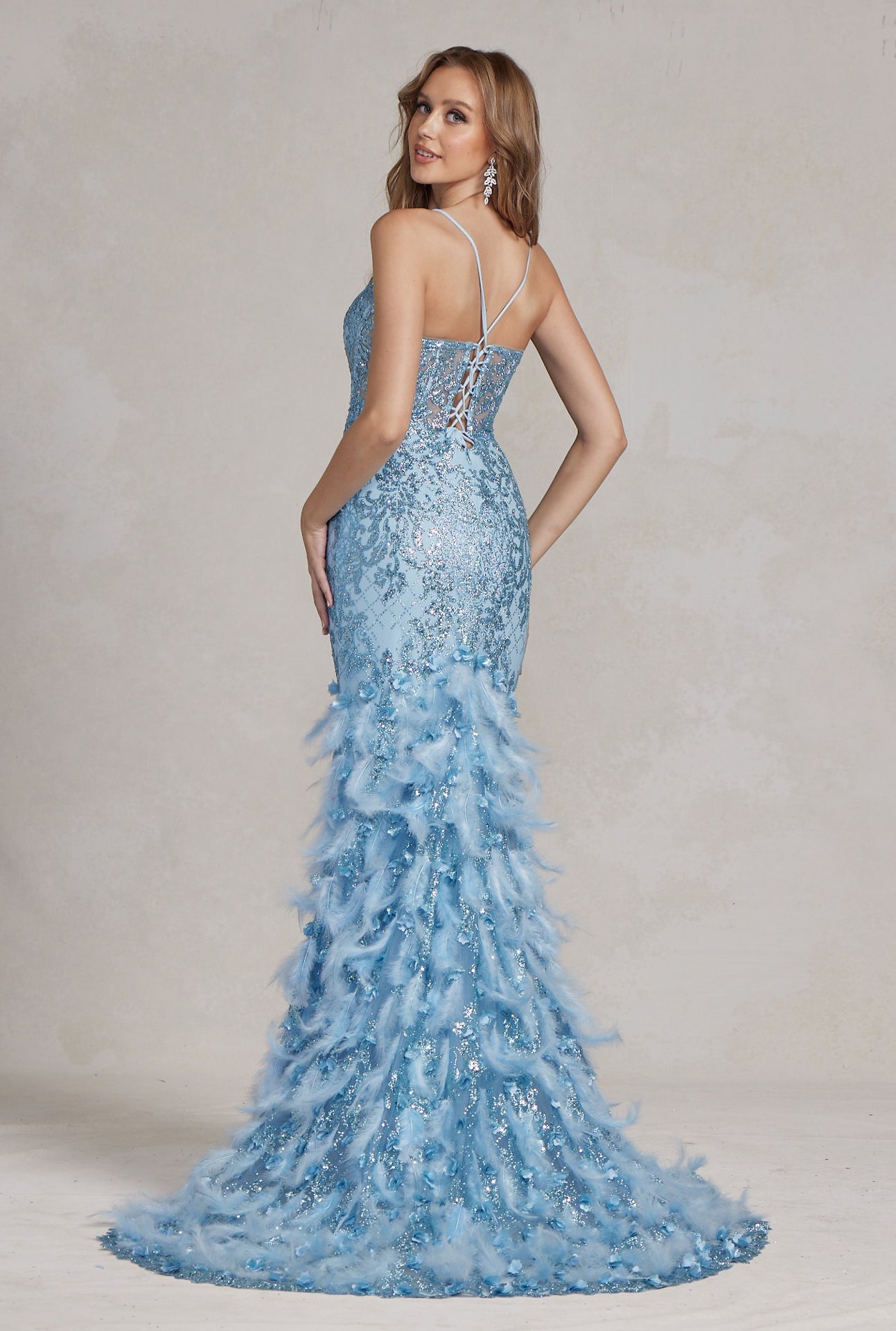 Soft Feathers Embellished Dramatic Mermaid Gown w/Plunging Neckline & Lace up Back NXC1111