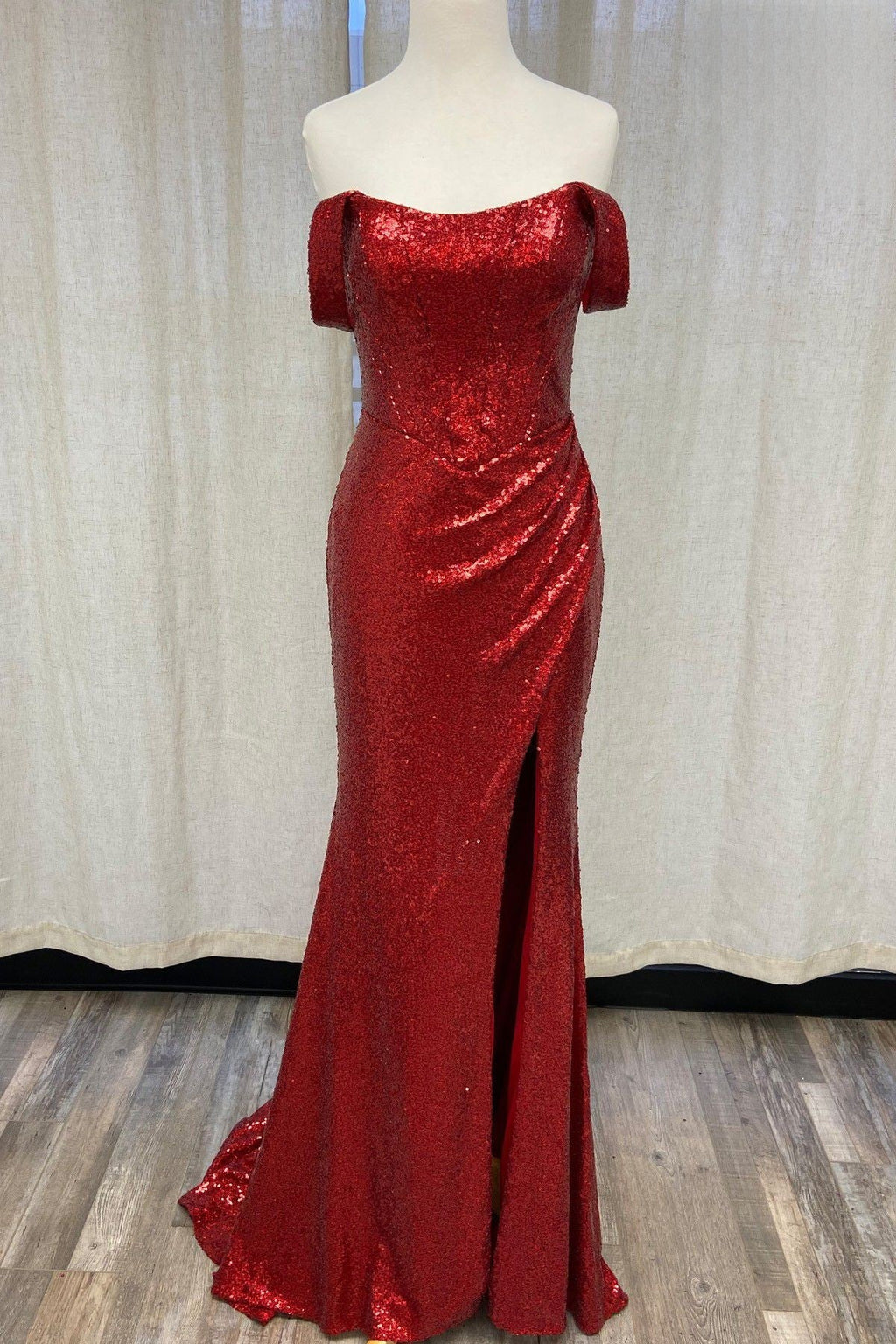 Off The Shoulder Sequins Embellished Evening Dress w/ Straight Across Neckline NXR1203