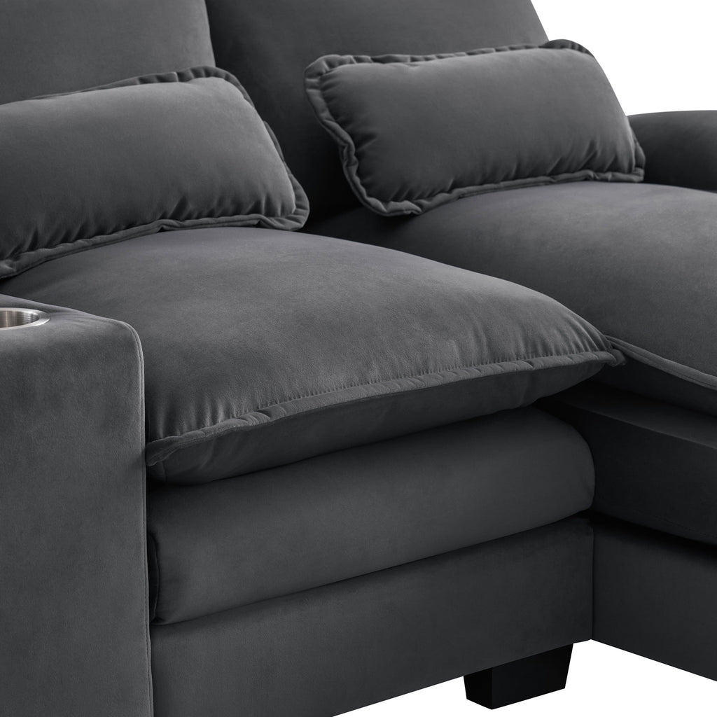 Modern U-shaped 6-Seat Sofa with Console, Cupholders, USB Ports, Velvet Upholstery in Gray
