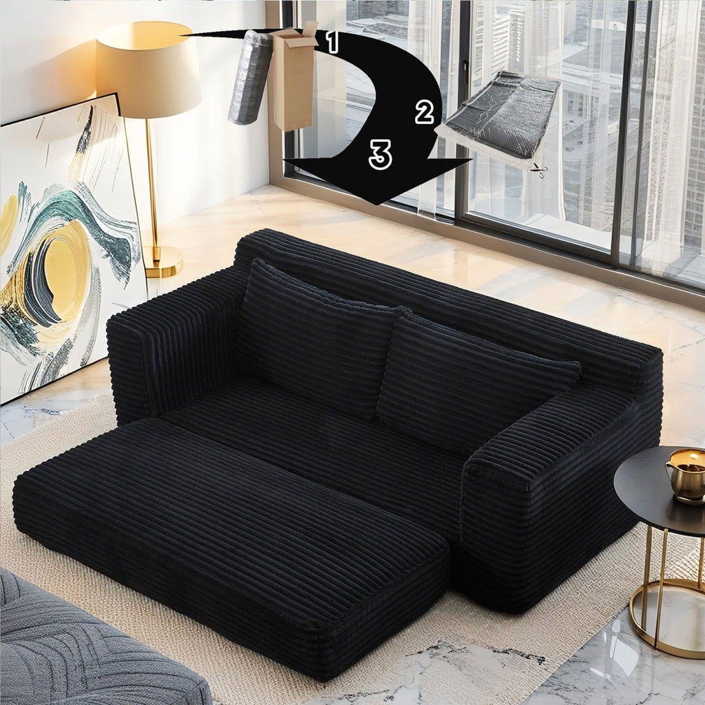 Loveseat Sofa  with Memory Foam & Steel Frame - No Assembly, Convertible 2-in-1 Design, Corduroy Fabric - Compact Couch for Small Spaces, Apartments, Home Office & Bedroom (Black)