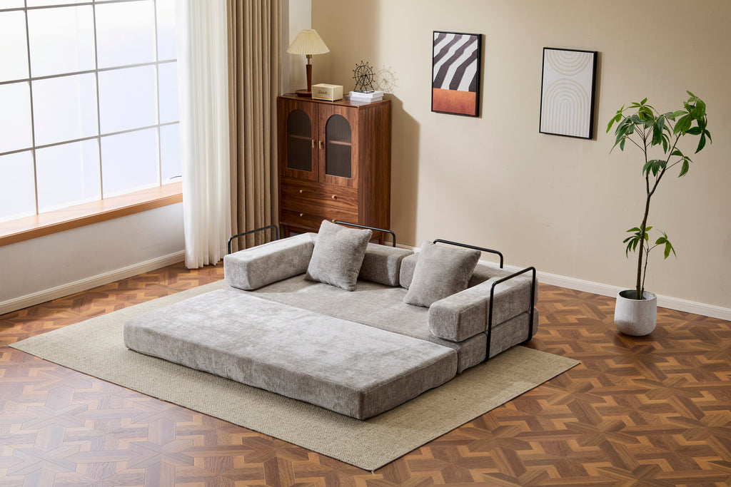 Floor Couch,Compression Sofa,Convertible Floor Sofa Bed-with Pillow Back Support Armrest,Comfy Futon Couch Lounge Sleeper Bed,Chenille fabric,for Living Room Bedroom (LIGHT-GREY)