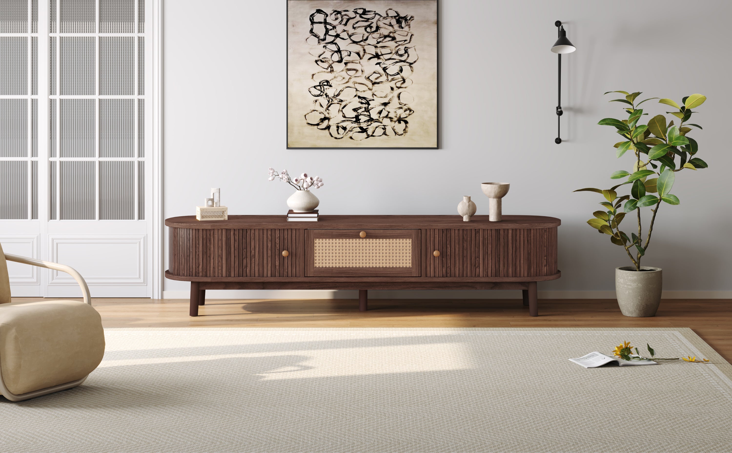 Modern Design TV Stand for 75' TVs, Media Console TV Cabinet with Rattan-Front Drawer for Living Room, 1 Drawer and 2 Sliding-Door Cabinets