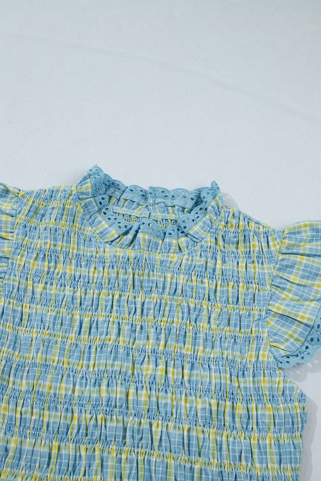 Plaid Smocked Lace Trim Tank Top