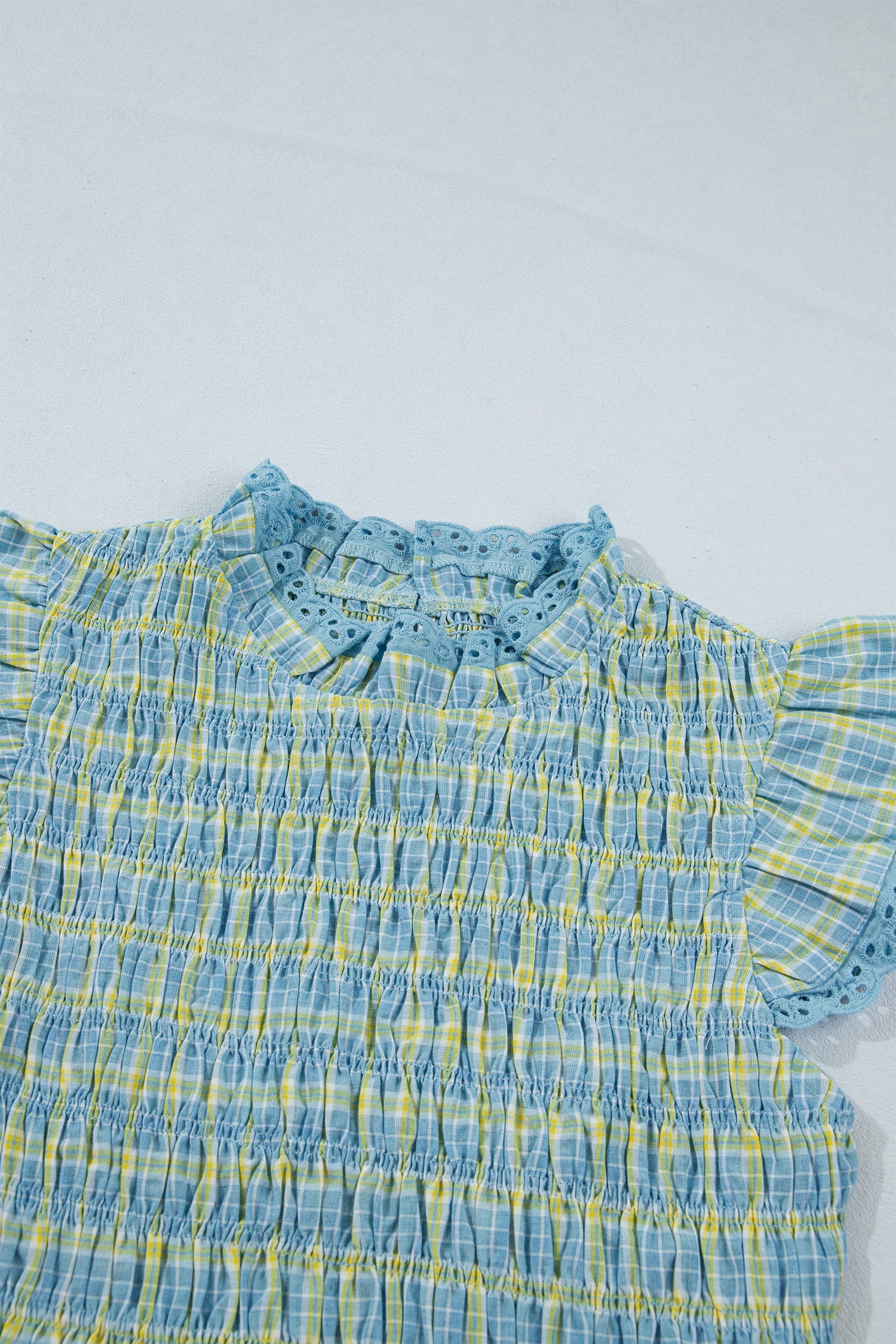 Plaid Smocked Lace Trim Tank Top