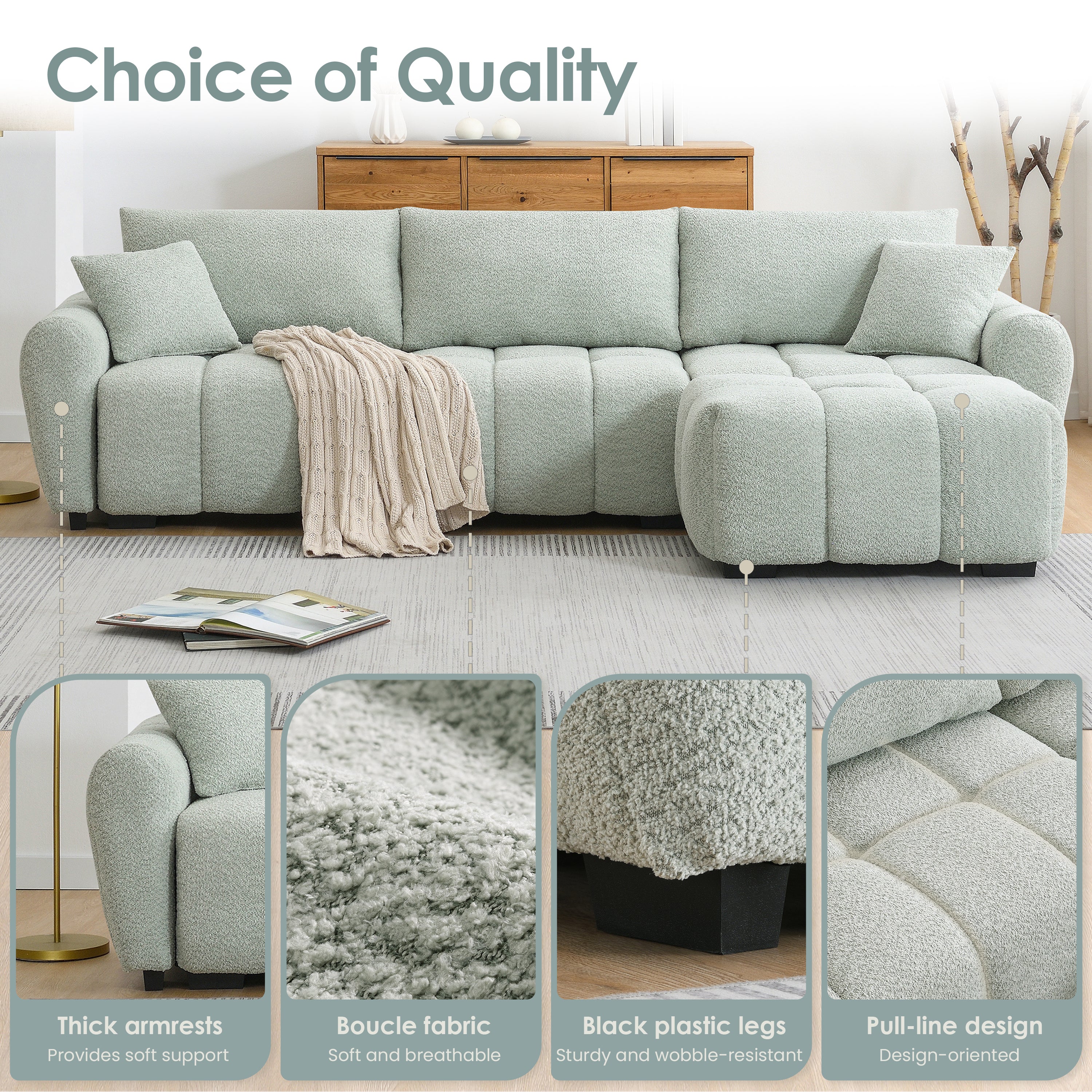[VIDEO] 110' Modular Sectional Sofa, L Shape with Extra-large Seat, Pull-line Design, Movable Ottoman, High Density Foam, Free Combination, Sturdy Metal&Wood Frame, Boucle Fabric, 3 Colors