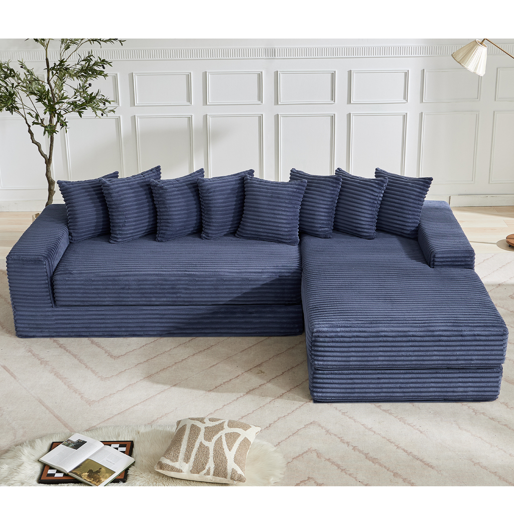 [NEW ARRIVED] [VIDEO PROVIDED] Oversize Cloud Sectional Couch, L-Shape Sofa, Convertible Floor Sleeper Sofa Bed, No Assembly ,Eight pillows,3-in-1,Magazine bag,(Right Facing Sofa),3 Seat,Corduroy,Blue