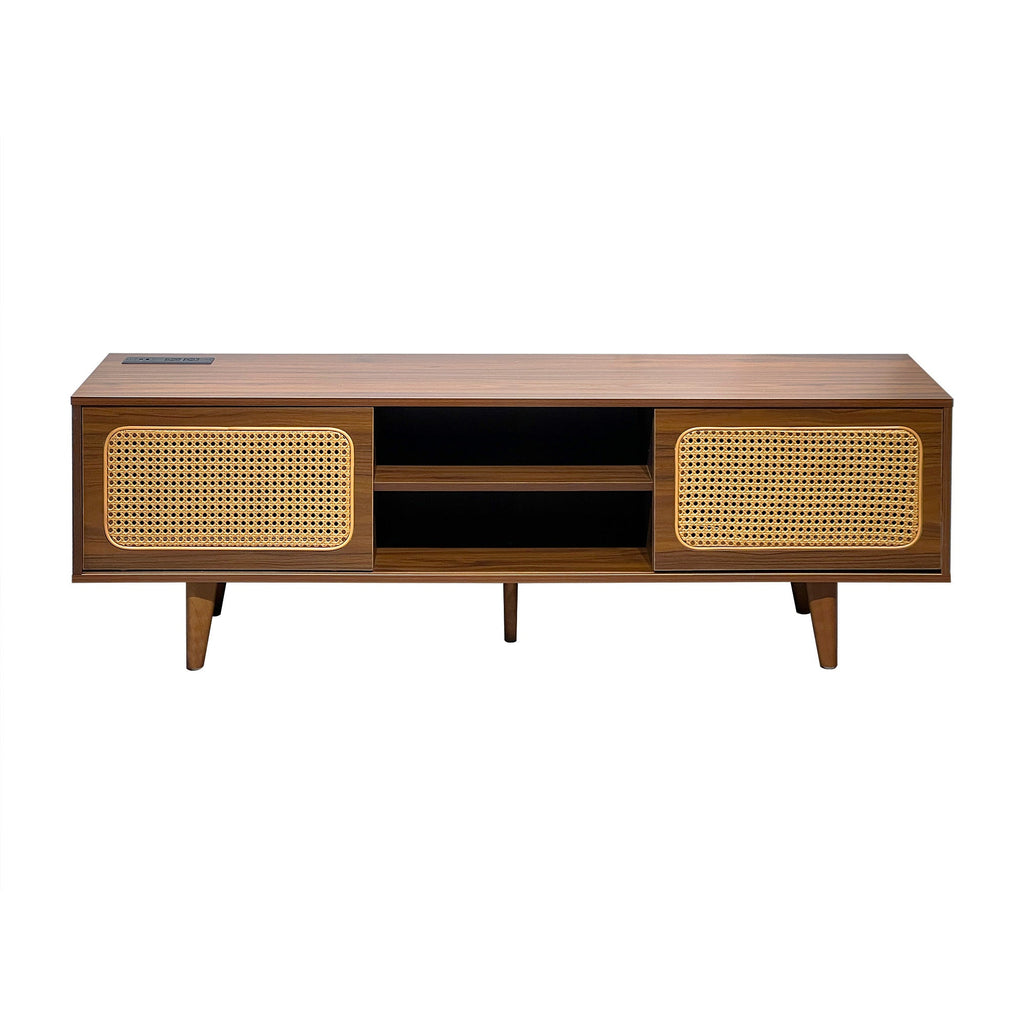 Mid Century Modern Rattan TV Stand for 55/60/65 inch TV , Entertainment Cabinet, Media Console for Living Room Bedroom Media Room, Solid Wood Feet & Rattan Cabinet Doors  (Walnut, 59')