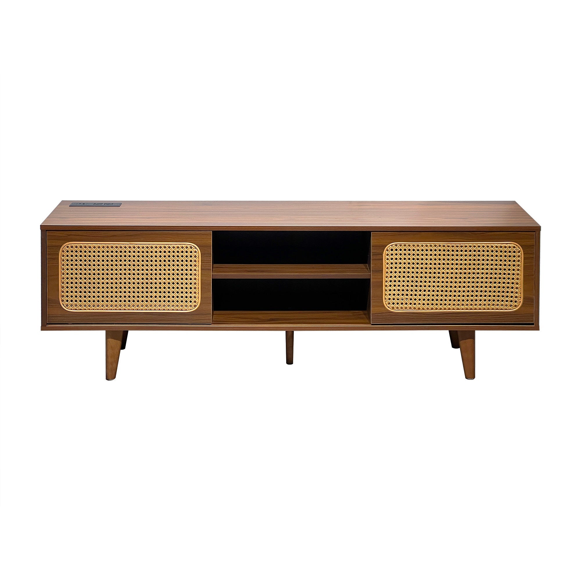 Mid Century Modern Rattan TV Stand for 55/60/65 inch TV , Entertainment Cabinet, Media Console for Living Room Bedroom Media Room, Solid Wood Feet & Rattan Cabinet Doors  (Walnut, 59')