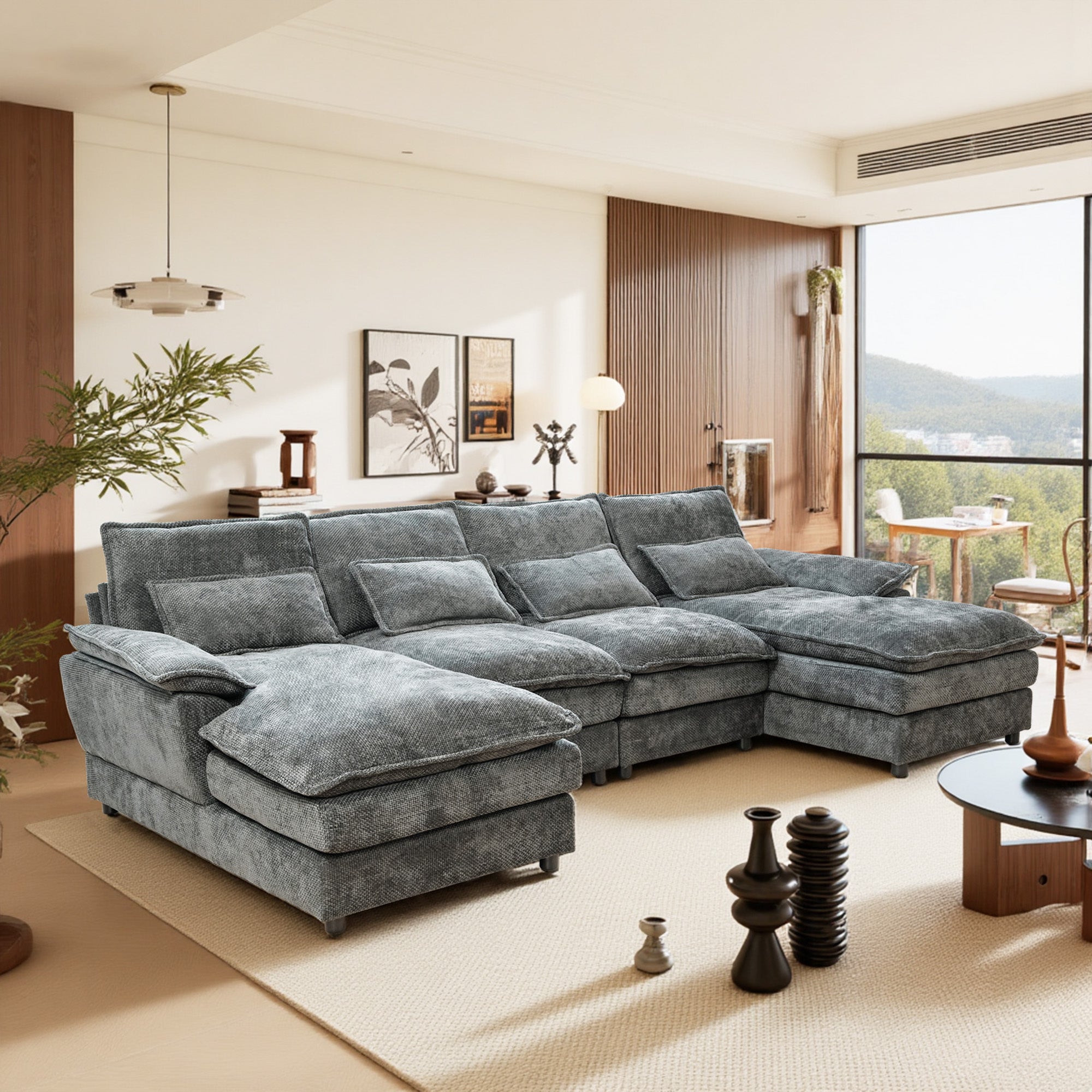 110' Modular Sectional Sofa Cloud Couch with Double Chaise Lounge , U Shaped Chenille Upholstered Leisure Sofa&Couches with Memory Foam and Waist Pillows for Living Room Office,Grey.