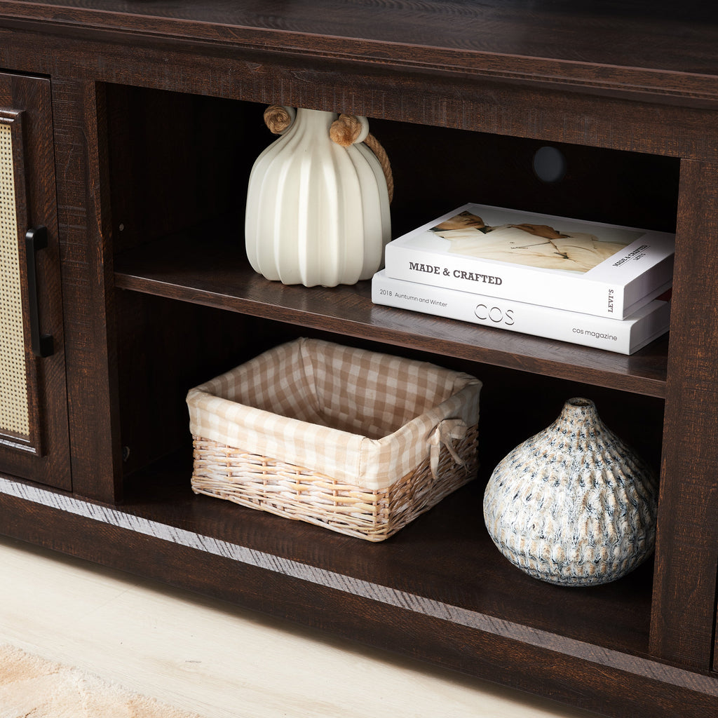Farmhouse Rattan TV Stand Console Table for TVs up to 70 Inches, TV Console Table with 2 Storage Shelves, 2 Natural Rattan Door Cabinets, 65'W*15.55'D*23.86'H, Espresso