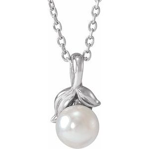 Platinum 4 mm Cultured White Akoya Pearl Floral 16-18" Necklace