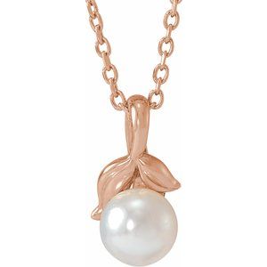 14K Rose Gold 5 mm Cultured White Akoya Pearl Floral 16-18" Necklace