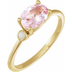 14K Yellow Gold 8x6 mm Natural Pink Morganite & Natural White Opal Ring