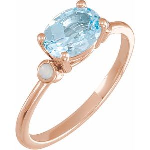 14K Rose Gold 8x6 mm Natural Sky Blue Topaz & Natural White Opal Ring