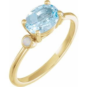14K Yellow Gold 8x6 mm Natural Sky Blue Topaz & Natural White Opal Ring