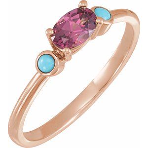 14K Rose Gold 6x4 mm Natural Rhodolite Garnet & Natural Turquoise Ring