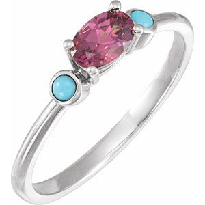 14K White Gold 6x4 mm Natural Rhodolite Garnet & Natural Turquoise Ring