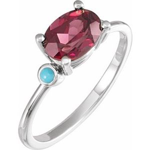 Sterling Silver 8x6 mm Natural Rhodolite Garnet & Natural Turquoise Ring