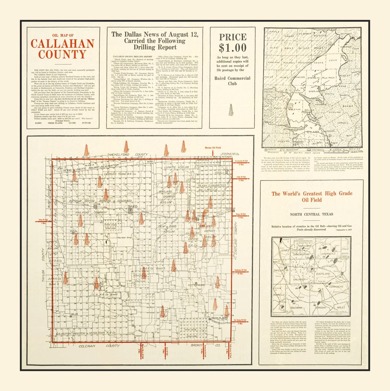 Vintage Map of Callahan County, Texas 1919