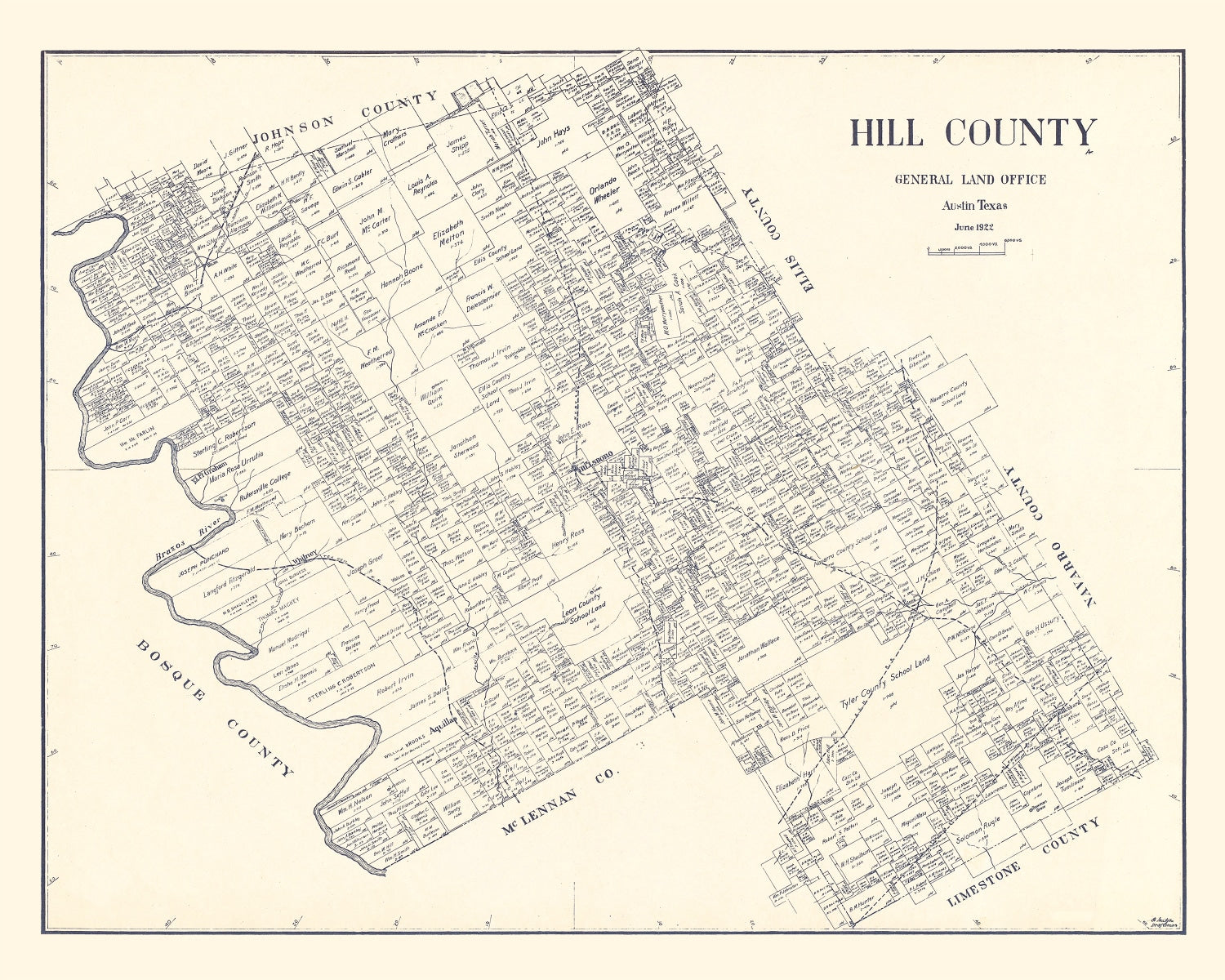 Vintage Map of Hill County, Texas 1922