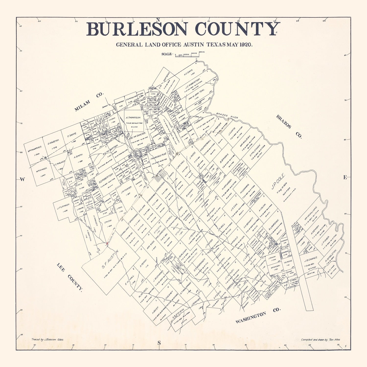 Vintage Map of Burleson County, Texas 1920