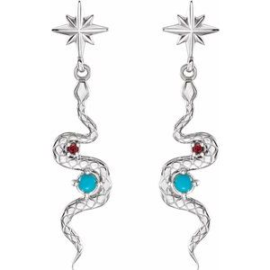 Platinum Natural Turquoise & Natural Ruby Snake Earrings – image 2