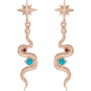 14K Rose Gold Natural Turquoise & Natural Ruby Snake Earrings – image 2