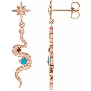 14K Rose Gold Natural Turquoise & Natural Ruby Snake Earrings