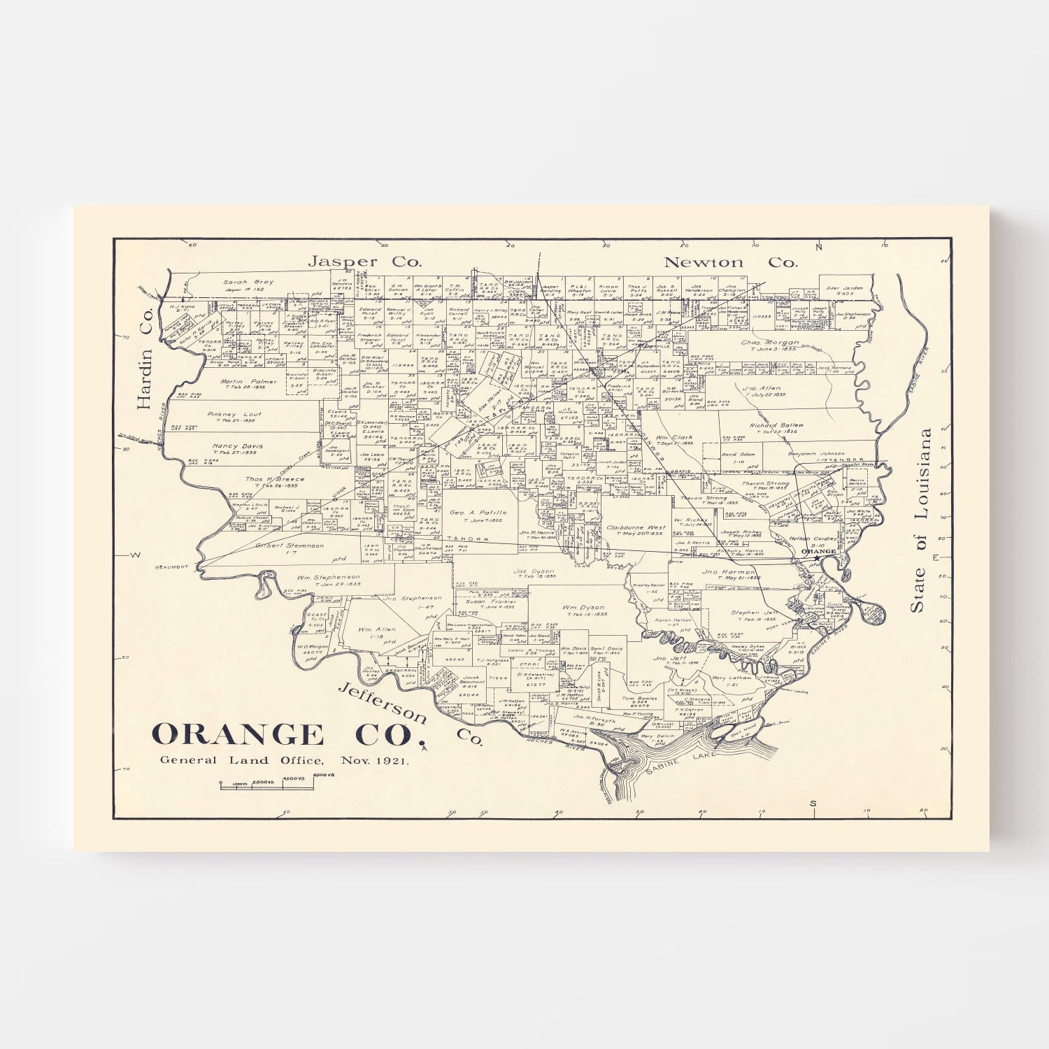 Vintage Map of Orange County, Texas 1921