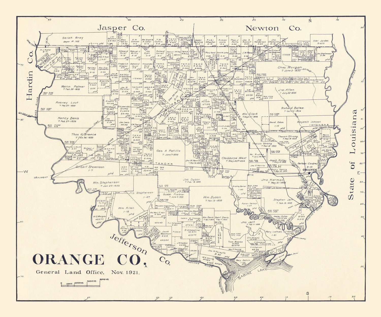 Vintage Map of Orange County, Texas 1921