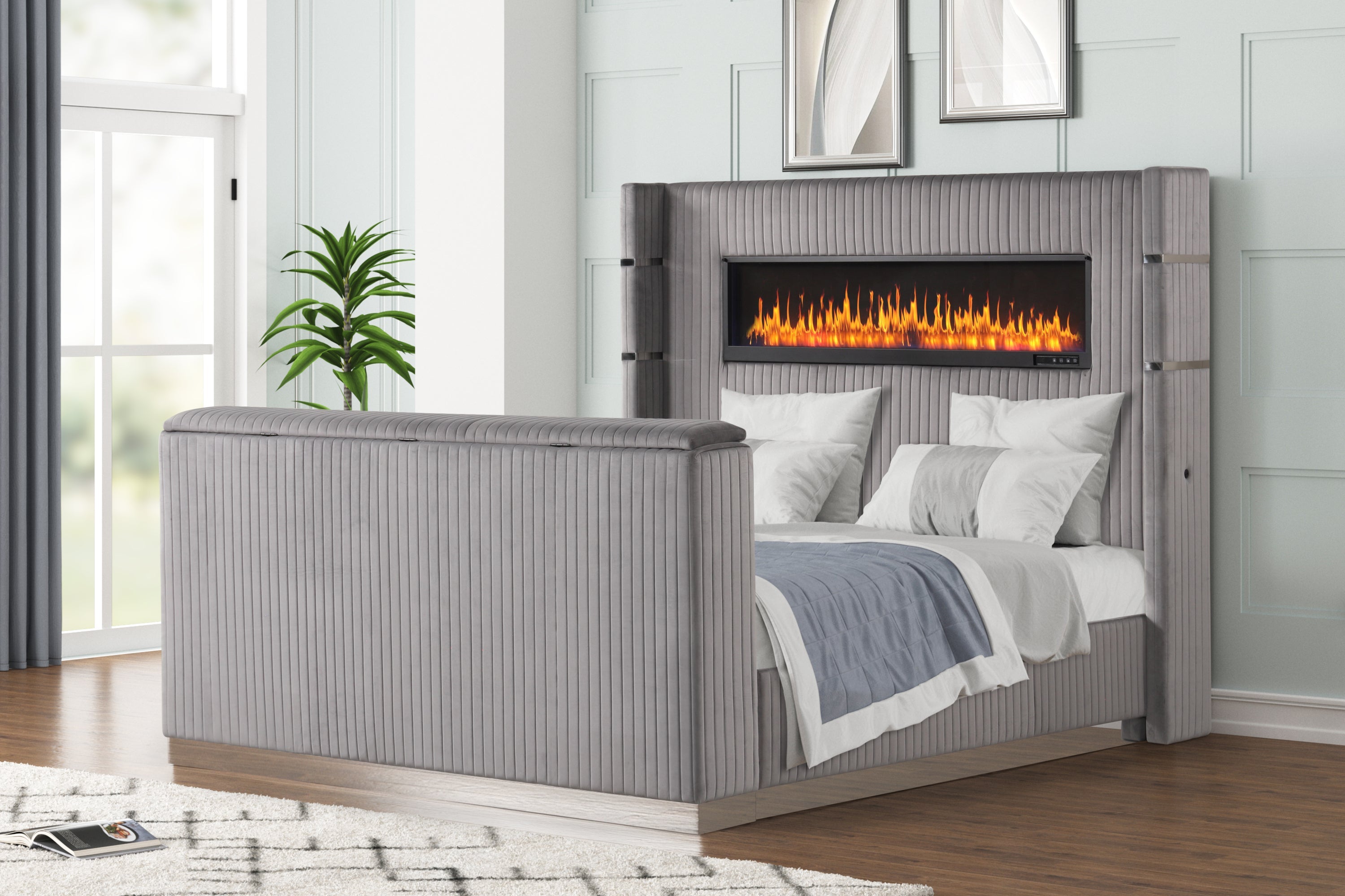 Lavish Modern Style 5 Pc King Bedroom Set Made with Fireplace in Headboard & TV stand in Footboard with Wood in Grey(NJ INVENTORY)