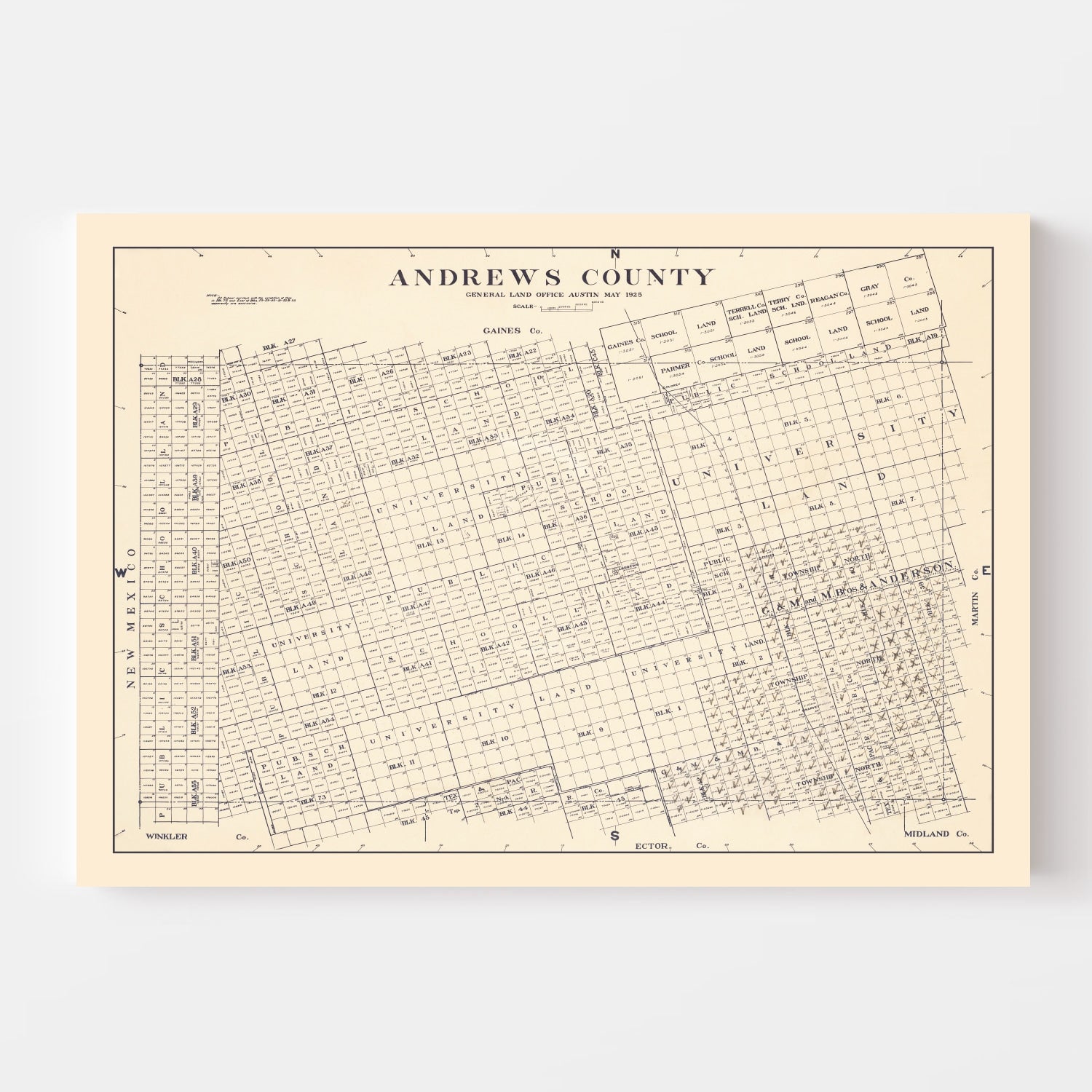 Vintage Map of Andrews County, Texas 1925