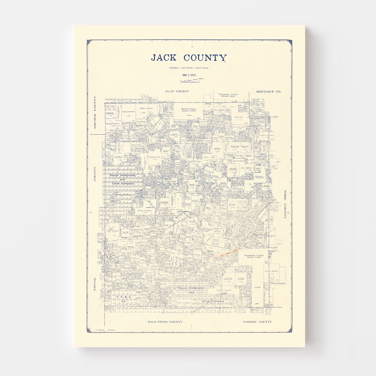 Vintage Map of Jack County, Texas 1925