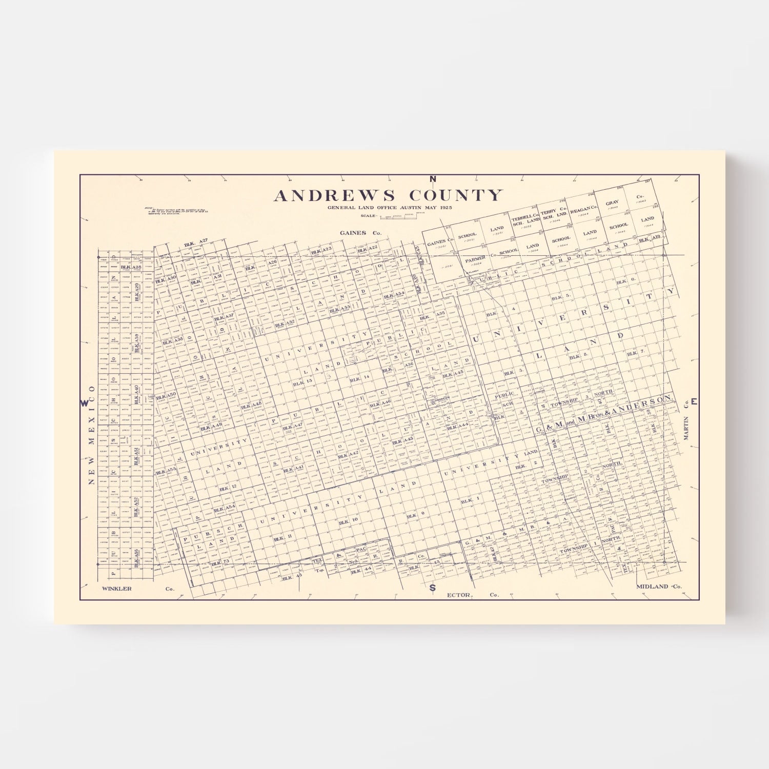 Vintage Map of Andrews County, Texas 1925
