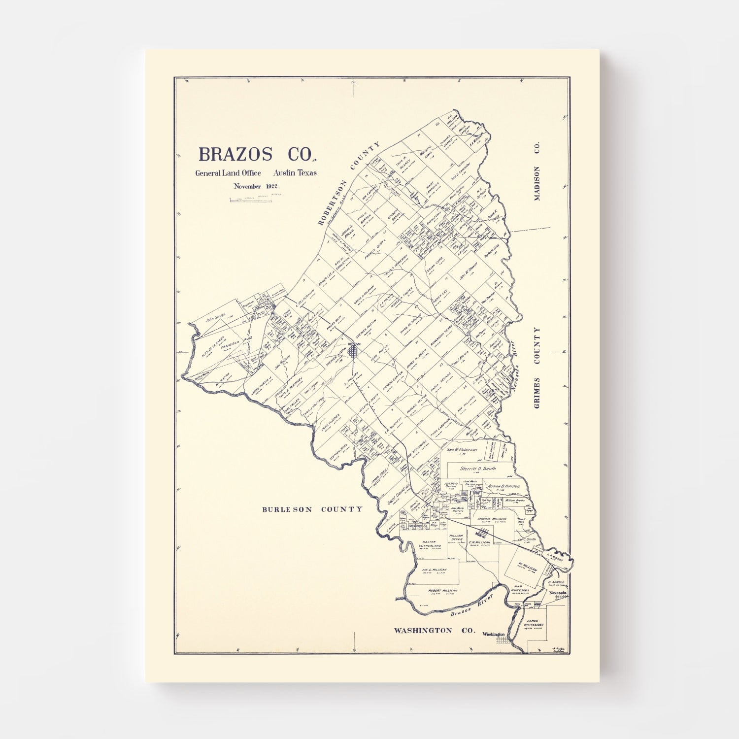 Vintage Map of Brazos County, Texas 1922