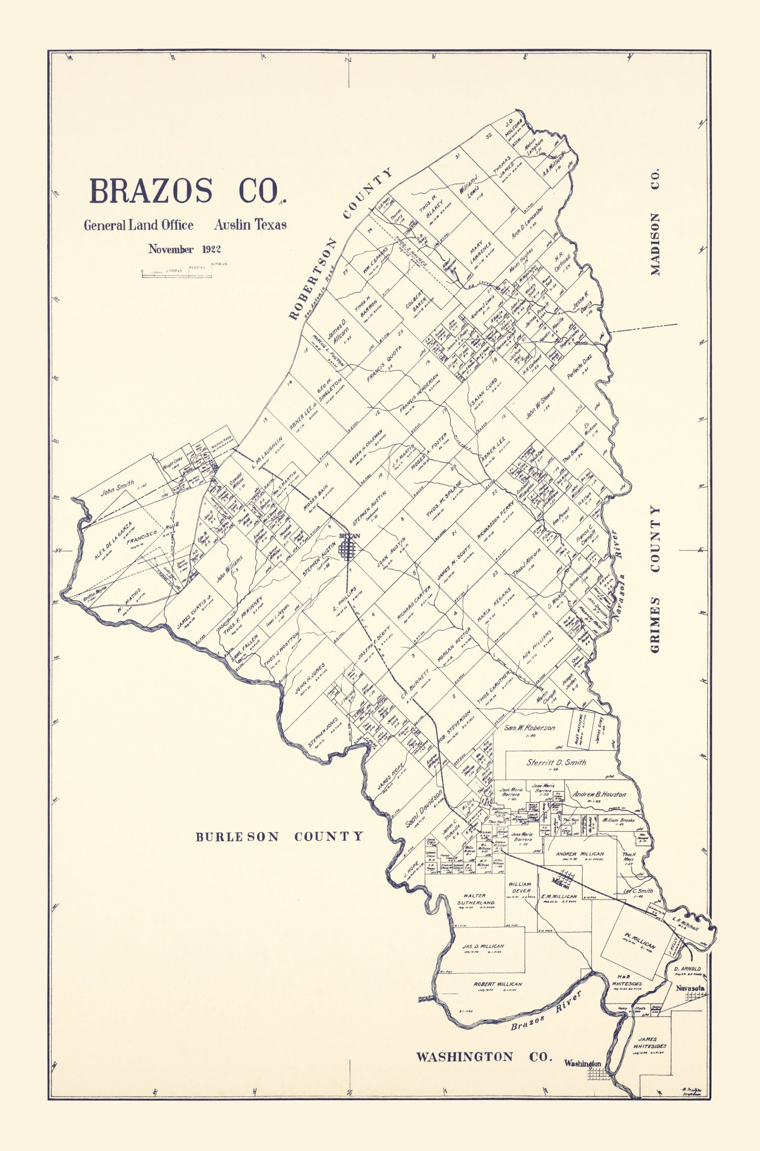 Vintage Map of Brazos County, Texas 1922