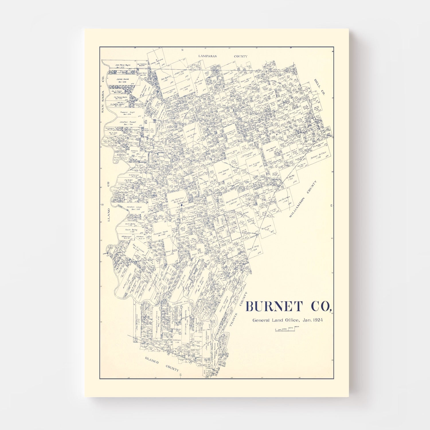 Vintage Map of Burnet County, Texas 1924