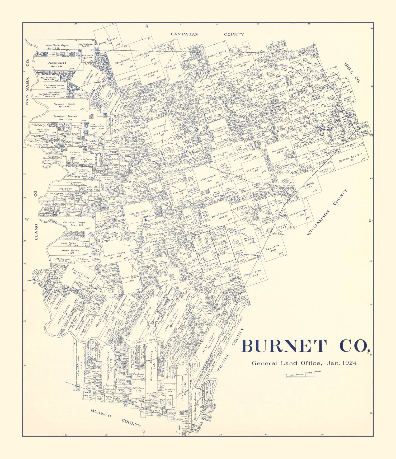 Vintage Map of Burnet County, Texas 1924
