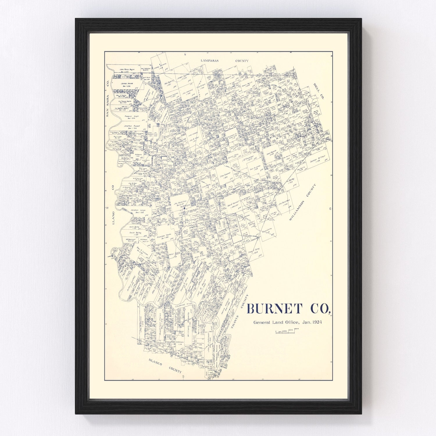 Vintage Map of Burnet County, Texas 1924