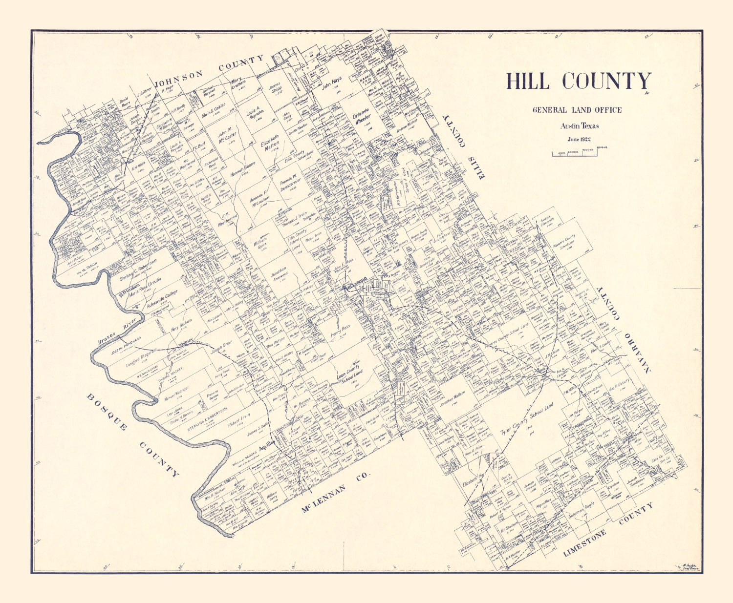 Vintage Map of Hill County, Texas 1922