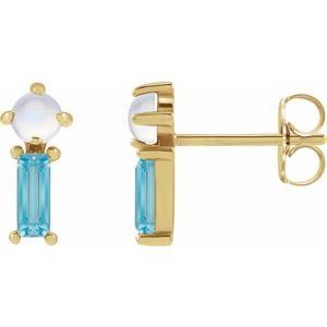 14K Yellow Gold Natural Rainbow Moonstone & Natural Swiss Blue Topaz Earrings