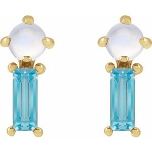14K Yellow Gold Natural Rainbow Moonstone & Natural Swiss Blue Topaz Earrings
