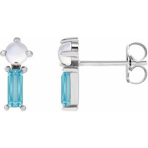 14K White Gold Natural Rainbow Moonstone & Natural Swiss Blue Topaz Earrings